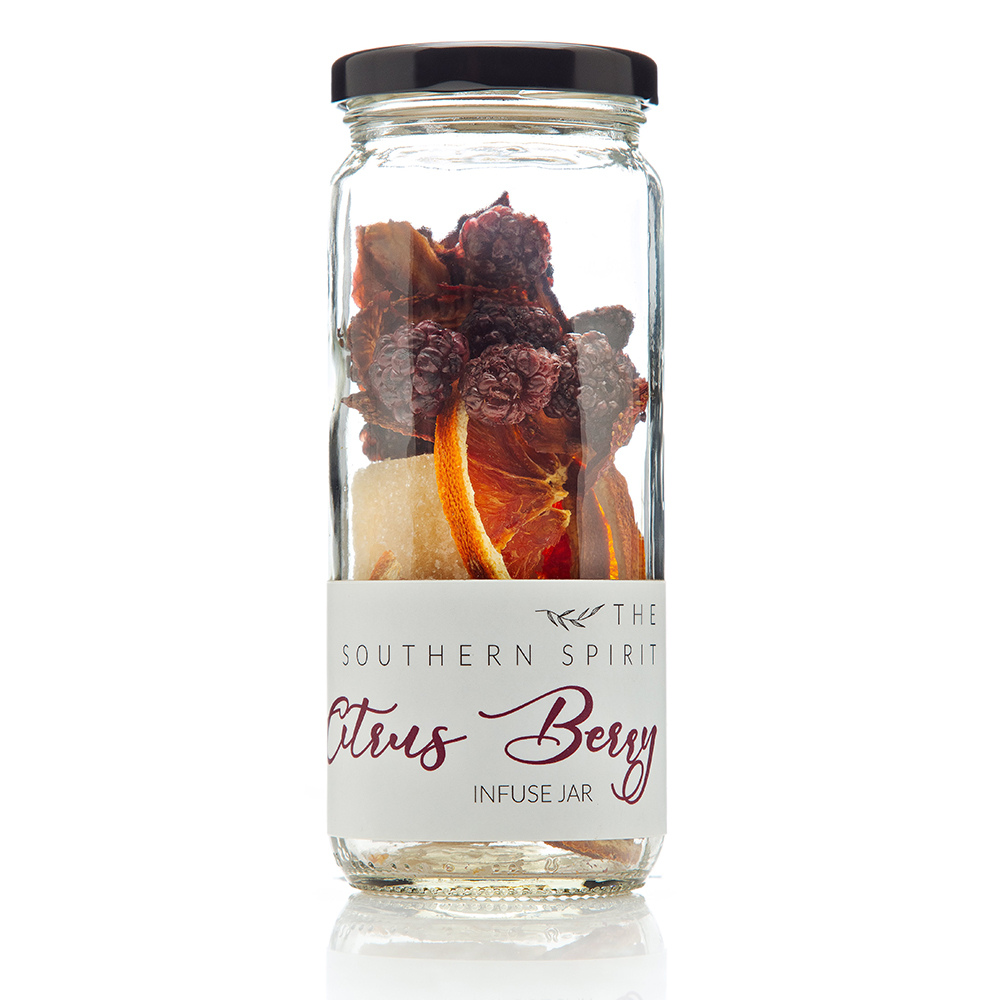 Cocktail Infuse Jar Made with citrus berry including orange strawberries and blackberries and orange bitters infused sugar