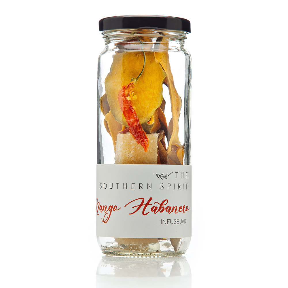 A close up photo of a mango habanero cocktail infusion jar - Mango Habanero Includes: Orange-Infused Organic NonGMO Sugar, Mango, and Habanero making the best Spicy Margarita or Tequila Sunrise or Sipper or Flavored Ranch Water.