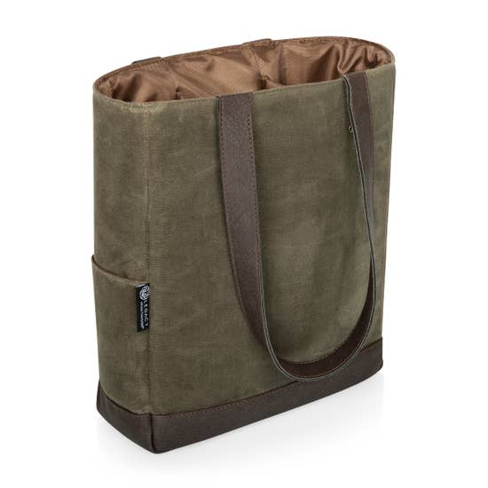 Olive Canvas and Leather Insulated Wine Bottle Cooler Tote Bag holding three wine bottles