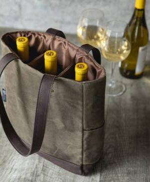 Olive Canvas and Leather Insulated Wine Bottle Cooler Tote Bag holding three wine bottles