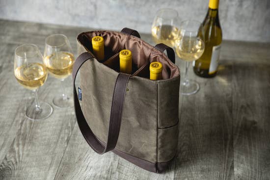 Olive Canvas and Leather Insulated Wine Bottle Cooler Tote Bag holding three wine bottles 