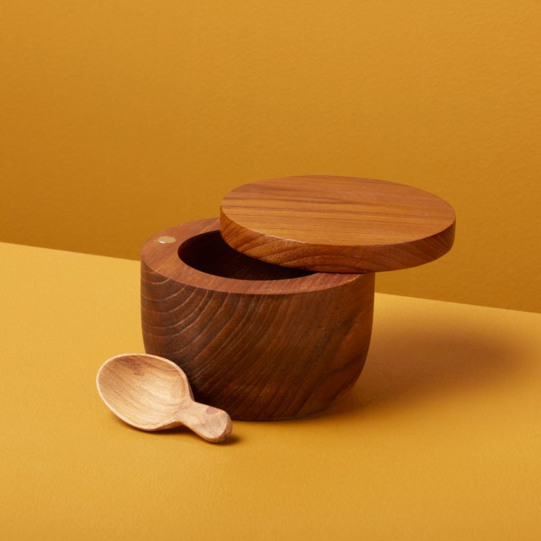 Teak Cellar with Spoon and Pivoting Lid