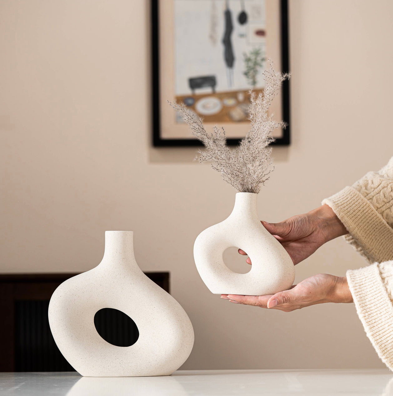 Ceramic Hollow Donut Vase, Set of Two, Off White