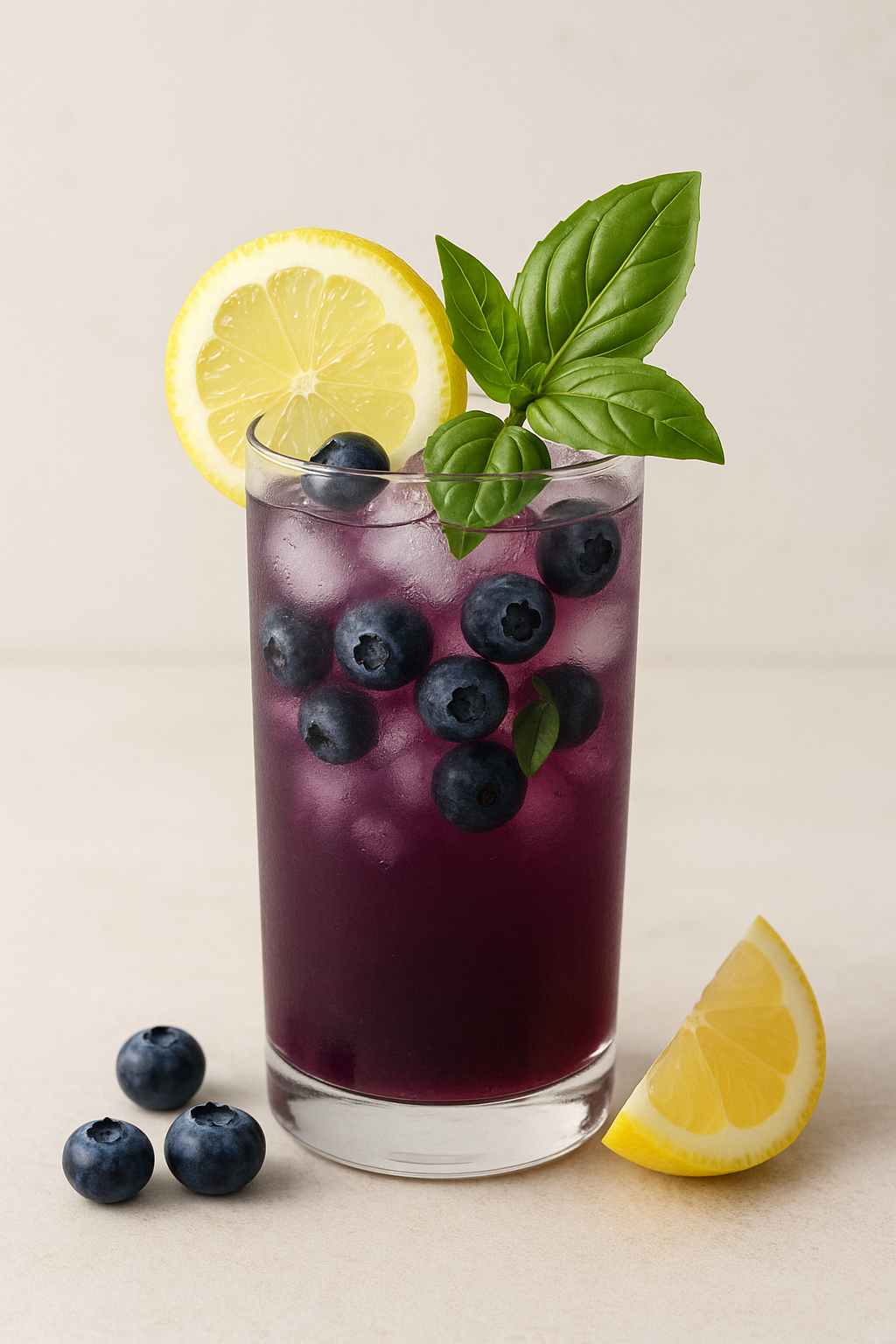 Blueberry drink in a glass with fresh blueberries, a lemon wedge, and basil.