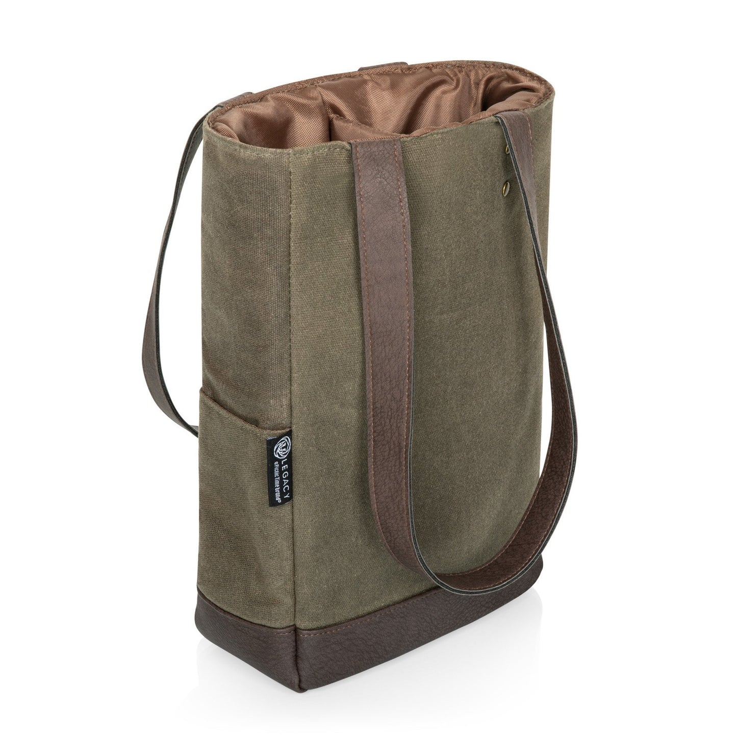 Olive Canvas and Leather Insulated Wine Bottle Bag holds two bottles of wine