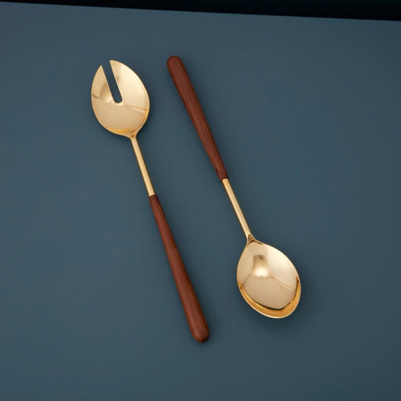 
            
                Load image into Gallery viewer, Gold and Wood Salad Serving Set
            
        