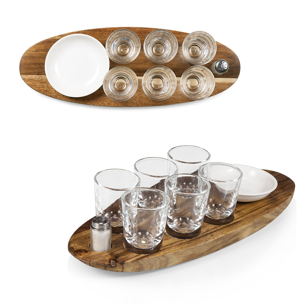 Cantinero Shot Serving Tray, Wooden shot-serving tray that includes six 2-oz. heavy-bottom shot glasses, one salt shaker, and one ceramic garnish dish. Made of acacia.