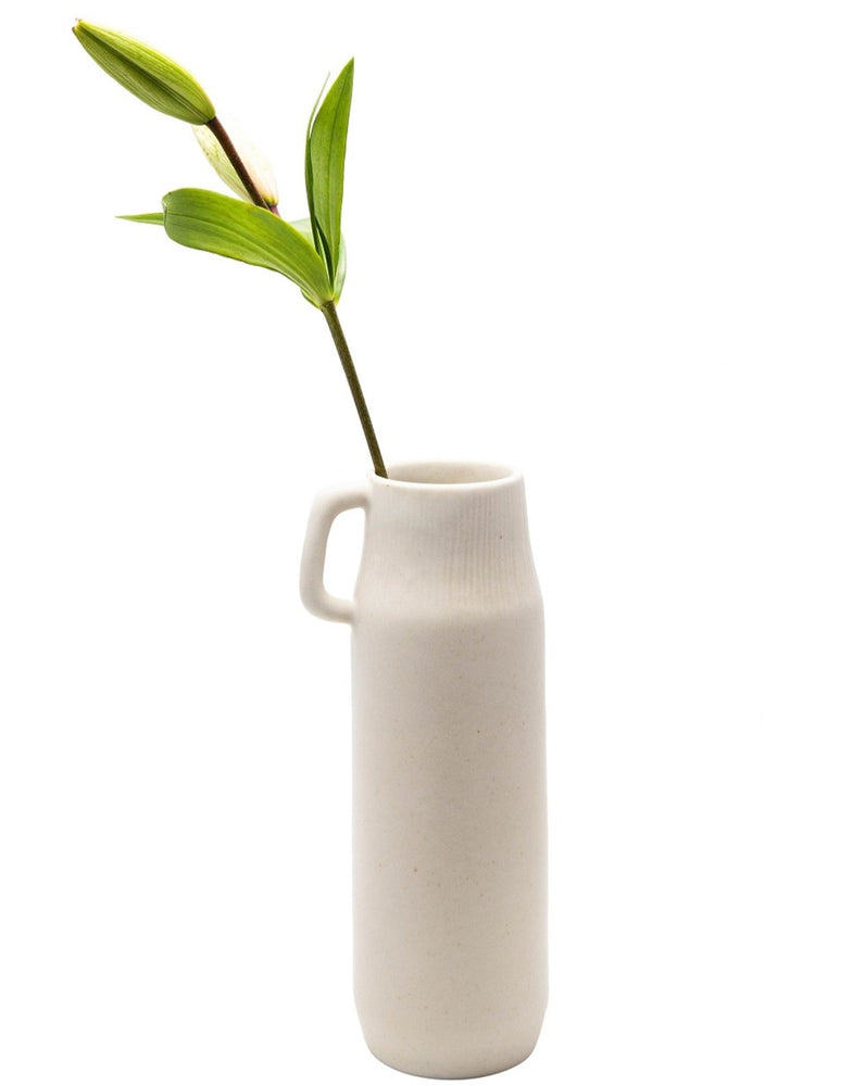 Smooth Cream Ceramic Pitcher Vase with Petite Handle
