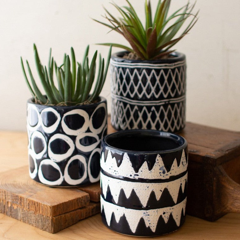 Set of Three Navy Ceramic Pattern Planters