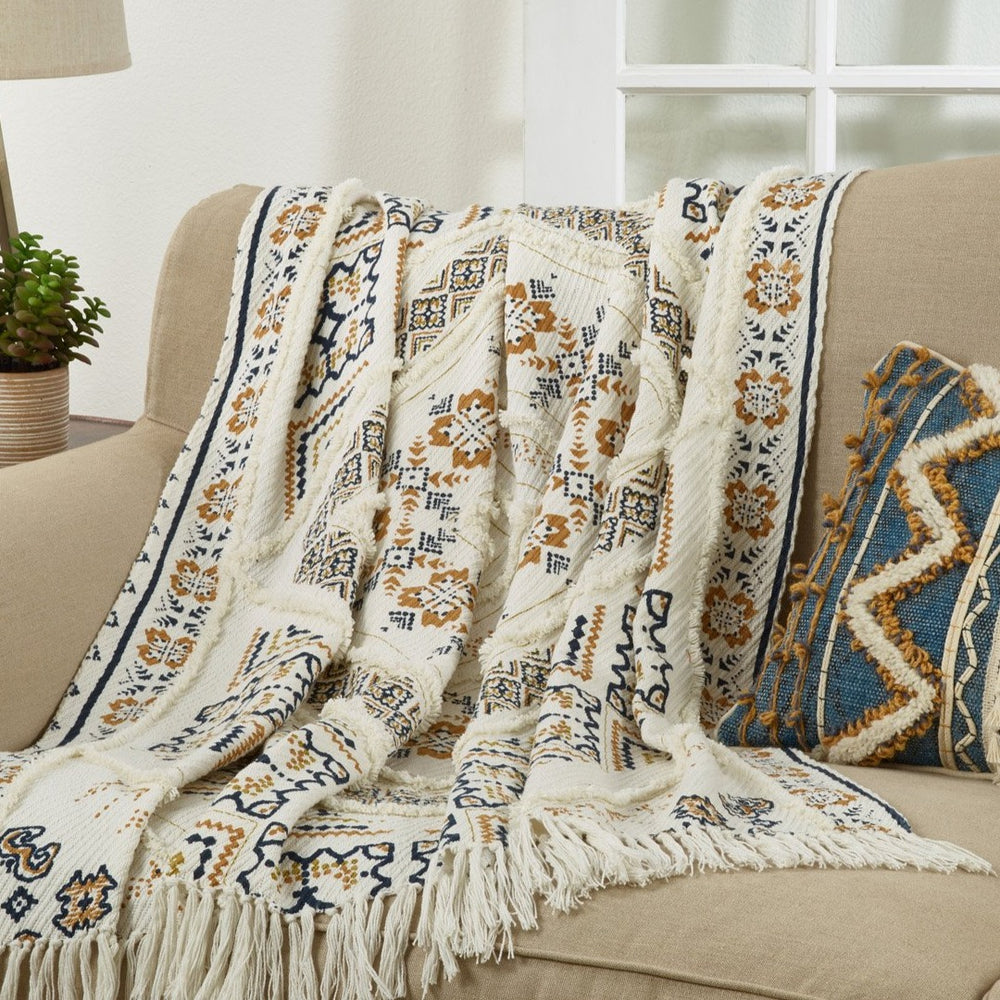 Printed and Embellished Throw, Coordinate, Mustard, Navy, Cream, Oversized Printed + Tufted Floor Pillow - Mustard & Navy Accents, Floor Pillow, Living, Home Decor, Oversized Pillow