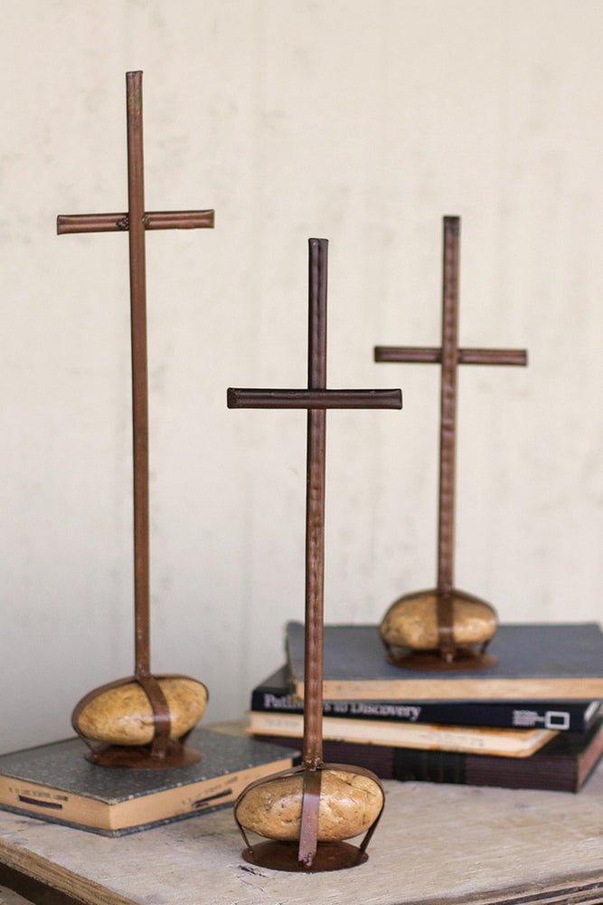 Set of 3 Metal Crosses With Caged Rock Bases