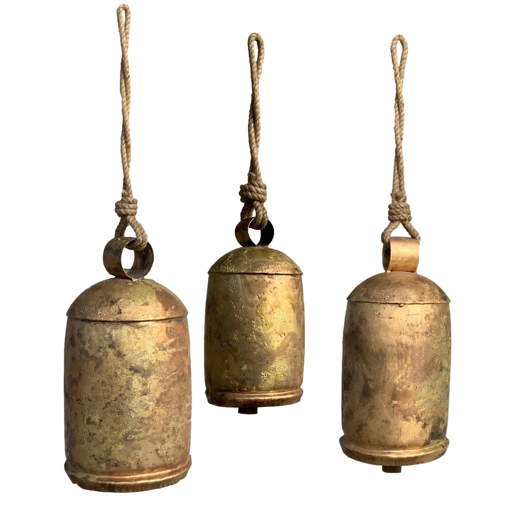 Set of three Rural School Bells on jute rope