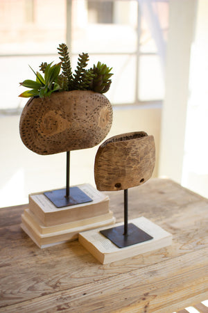 
            
                Load image into Gallery viewer, Set Of Two Repurposed Wooden Cowbell Planters
            
        