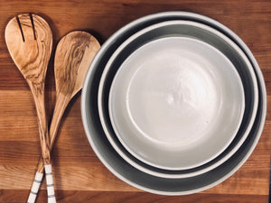 Three Glazed White Ceramic Nesting Bowls for Kitchen or Salad Bowls or Entertaining Serveware